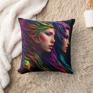 Lebhafte Rainbow-Hair-Artistry mit zwei Porträts Kissen