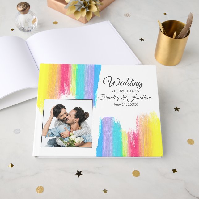 Lebhafte Rainbow Watercolor Couple Foto Wedding Gästebuch (Vorderseite Offen)