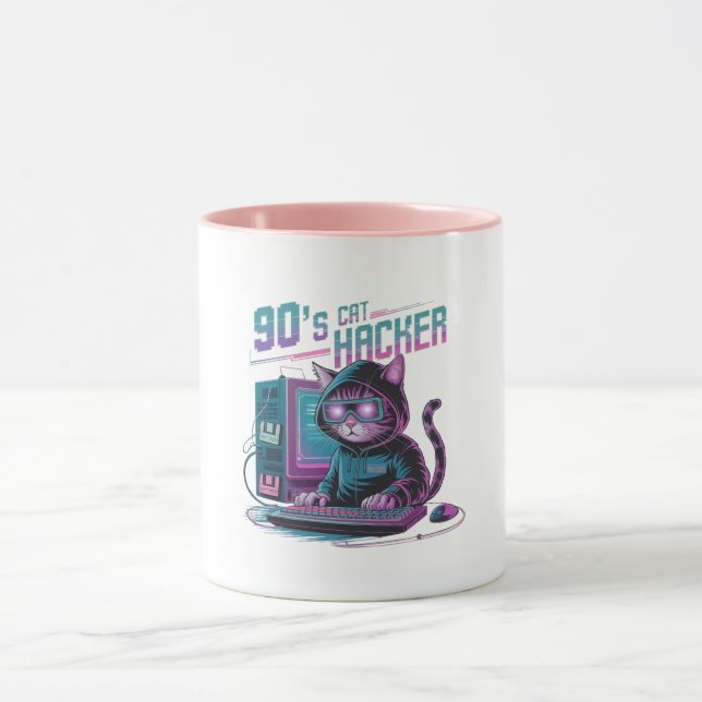 Lebhafte Retro 90er Cat Hacker Tasse (Zentrum)
