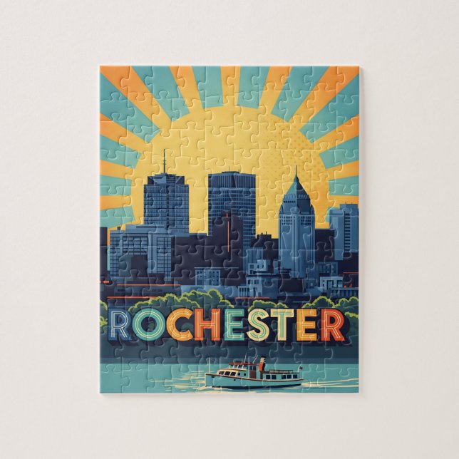 Lebhafte Rochester-Skyline bei Sonnenuntergang (Vertikal)