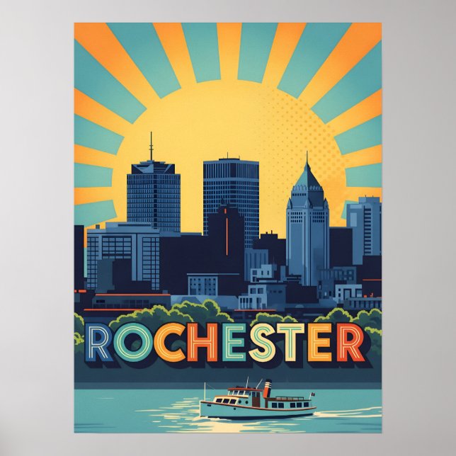 Lebhafte Rochester-Skyline bei Sonnenuntergang Poster (Vorne)