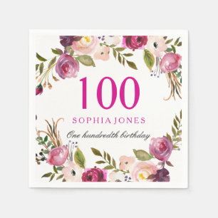 Lebhafte rosa Botanische Flora 100. Geburtstagspar Serviette