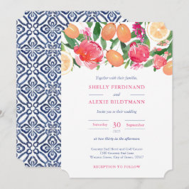 Lebhafte rosa Florals Citrus Dark Blue Tile Hochze Einladung