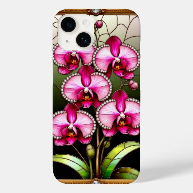 Lebhafte rosa Orchideen in Ziergoldrahmen Case-Mate iPhone 14 Hülle (Rückseite)