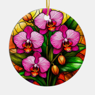 Lebhafte rosa Orchideen und grüne Blätter Keramik Ornament
