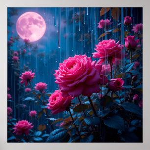 Lebhafte rosa Rosen in einem beleuchteten Regengar Poster