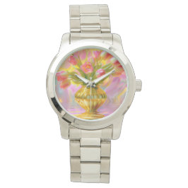 Lebhafte rosa Tulips in der goldenen Vase Armbanduhr