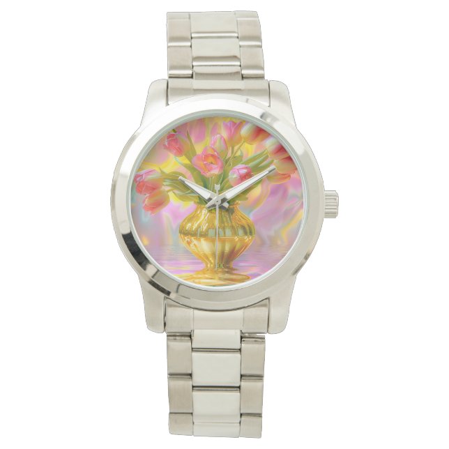 Lebhafte rosa Tulips in der goldenen Vase Armbanduhr (Vorderseite)