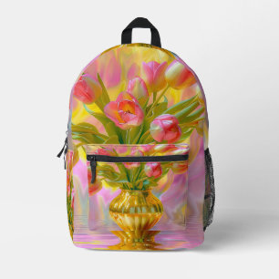 Lebhafte rosa Tulips in der goldenen Vase Bedruckter Rucksack