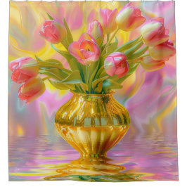 Lebhafte rosa Tulips in der goldenen Vase Duschvorhang