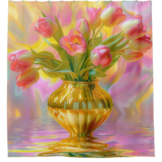 Lebhafte rosa Tulips in der goldenen Vase Duschvorhang (Vorderseite)