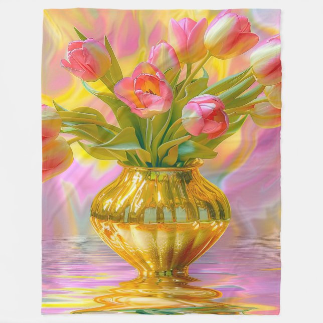 Lebhafte rosa Tulips in der goldenen Vase Fleecedecke (Vorderseite)
