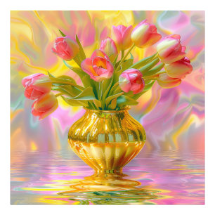 Lebhafte rosa Tulips in der goldenen Vase Fotodruck