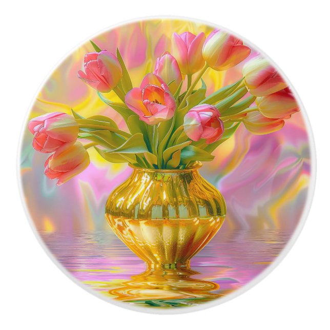 Lebhafte rosa Tulips in der goldenen Vase Keramikknauf (Vorderseite)