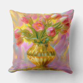 Lebhafte rosa Tulips in der goldenen Vase Kissen