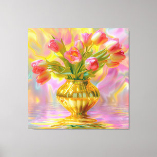 Lebhafte rosa Tulips in der goldenen Vase Leinwanddruck