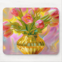 Lebhafte rosa Tulips in der goldenen Vase
