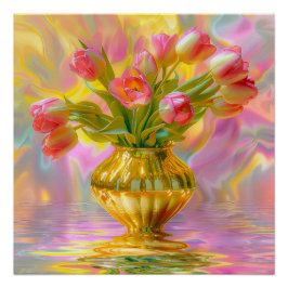 Lebhafte rosa Tulips in der goldenen Vase Poster