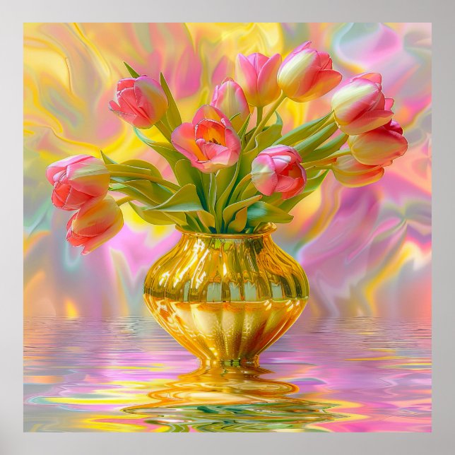 Lebhafte rosa Tulips in der goldenen Vase Poster (Vorne)