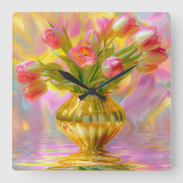 Lebhafte rosa Tulips in der goldenen Vase Quadratische Wanduhr