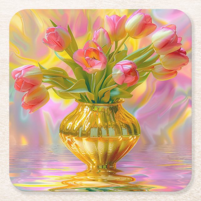Lebhafte rosa Tulips in der goldenen Vase Rechteckiger Pappuntersetzer (Vorderseite)