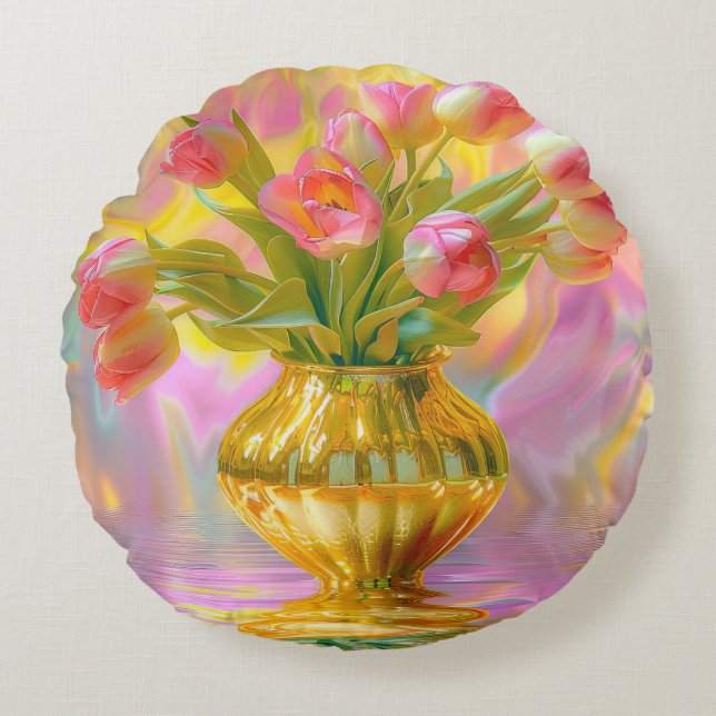 Lebhafte rosa Tulips in der goldenen Vase Rundes Kissen (Vorderseite)