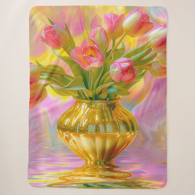 Lebhafte rosa Tulips in der goldenen Vase Sherpadecke (Vorderseite)