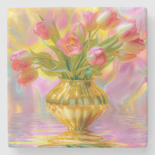 Lebhafte rosa Tulips in der goldenen Vase Steinuntersetzer