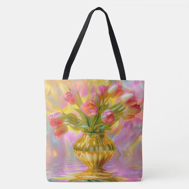 Lebhafte rosa Tulips in der goldenen Vase Tasche (Vorderseite)