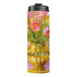 Lebhafte rosa Tulips in der goldenen Vase Thermosbecher