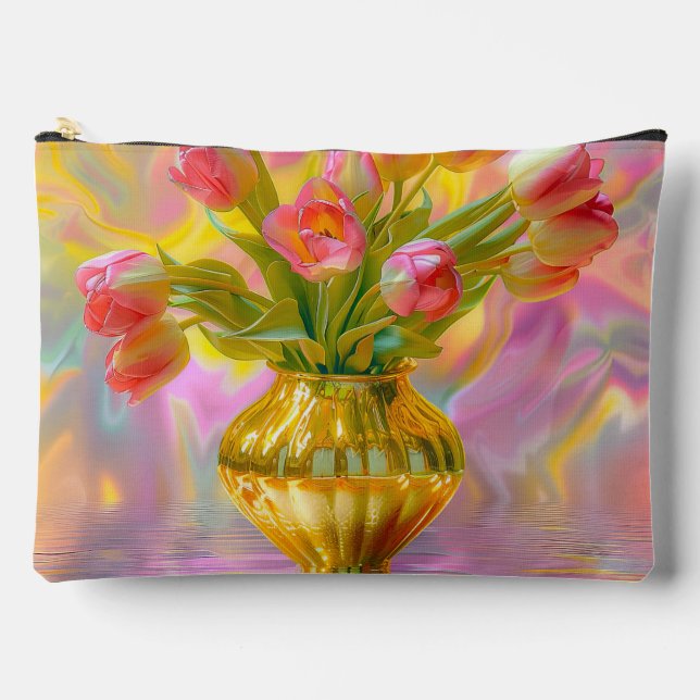 Lebhafte rosa Tulips in der goldenen Vase Zubehörtasche (Vorderseite)