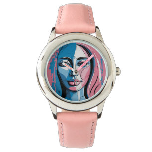 Lebhafte, rosa und blaue Abstrakte Gesichtskunst K Armbanduhr