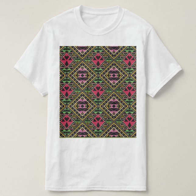 Lebhafte rosa und grüne Abstrakte Stoffe Kunst T-Shirt (Design vorne)