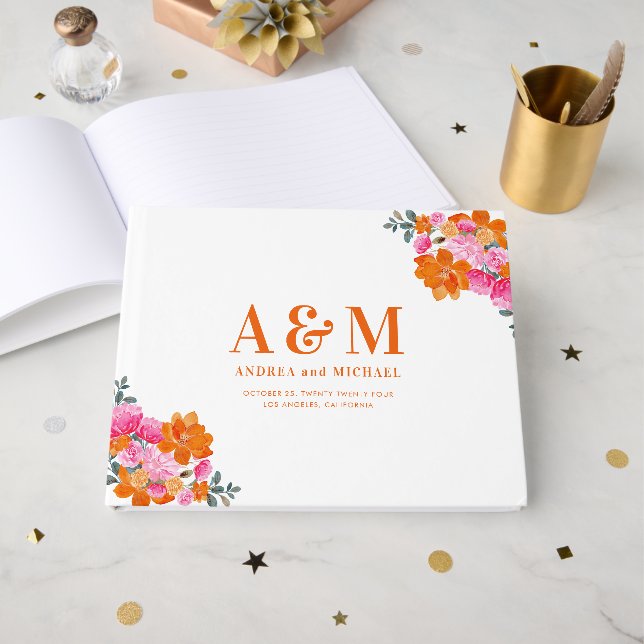 Lebhafte rosa und orangefarbene Monogramm Gästebuch (Vorderseite Offen)