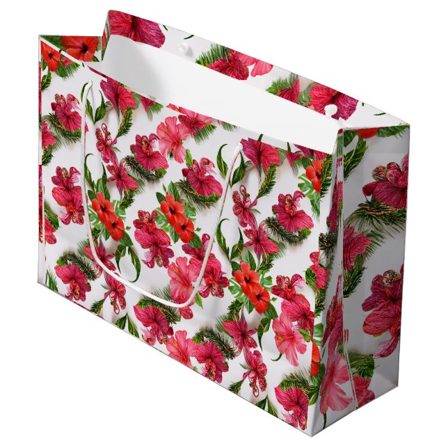 Lebhafte rosafarbene und tropische Botanicals Große Geschenktüte (Vorderseite Schrägansicht)