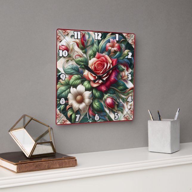 Lebhafte Rose und Lilien-Arrangement Quadratische Wanduhr (Büro)