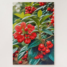 Lebhafte rote Blüten und Beerenhaufen