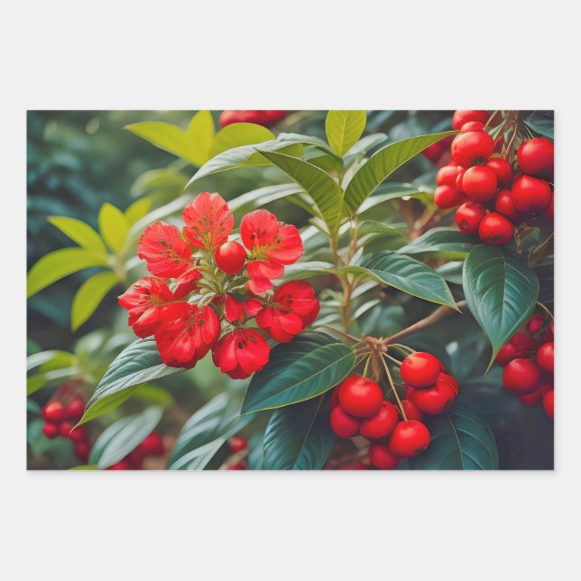 Lebhafte rote Blüten und Beerenhaufen Geschenkpapier Set (Vorderseite)