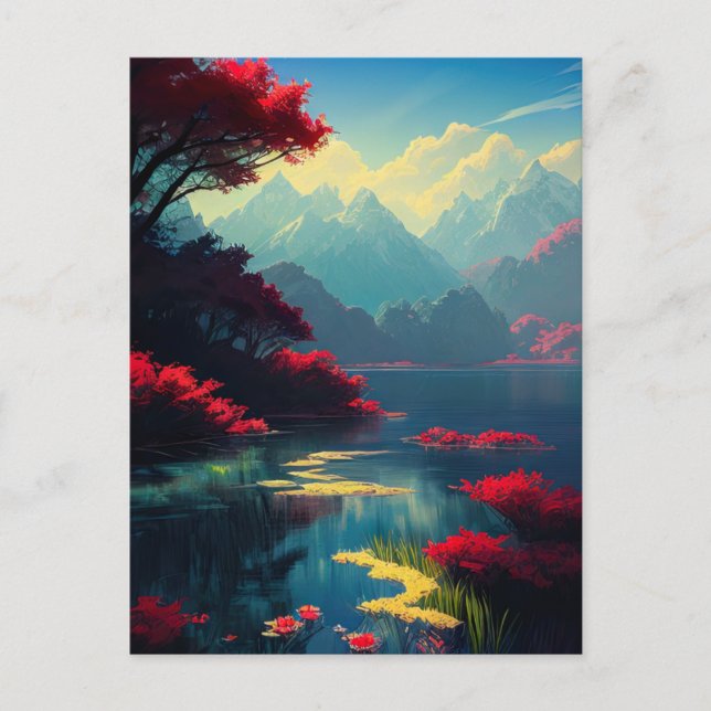 Lebhafte Rote Flora und majestätische Berge Postkarte (Vorderseite)