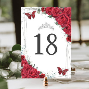 Lebhafte Rote Rosen Silberschmetterlinge zum Gebur Tischnummer