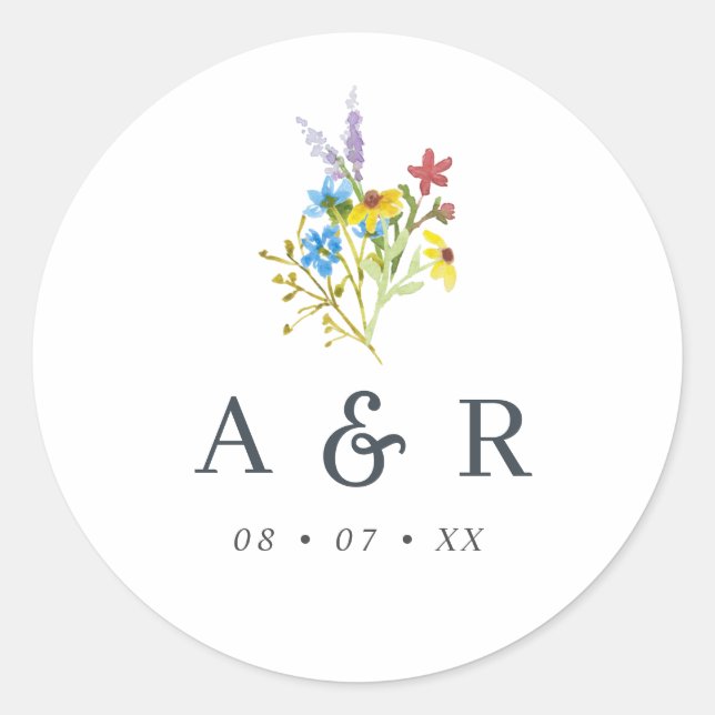 Lebhafte rustikale Wildblumen Hochzeitmongramm Runder Aufkleber (Vorderseite)