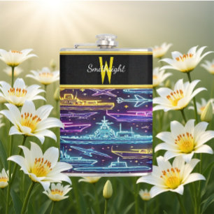 Lebhafte Schiffe und Flugzeuge der Marine in Neon  Flachmann