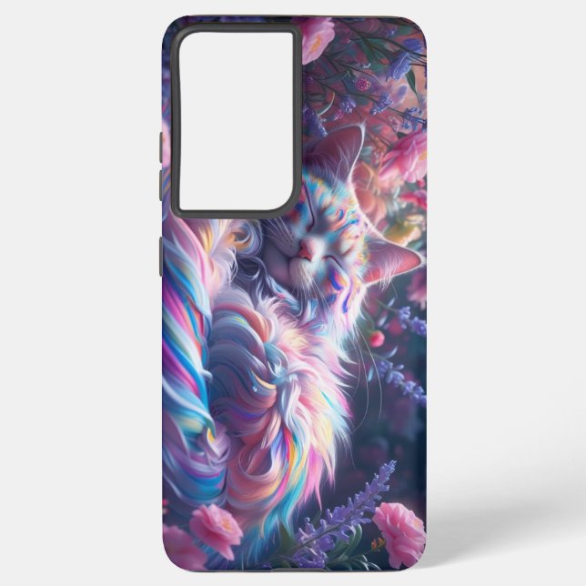 Lebhafte Schlafkatze mit geblümtem Hintergrund - D Samsung Galaxy Hülle (Rückseite)
