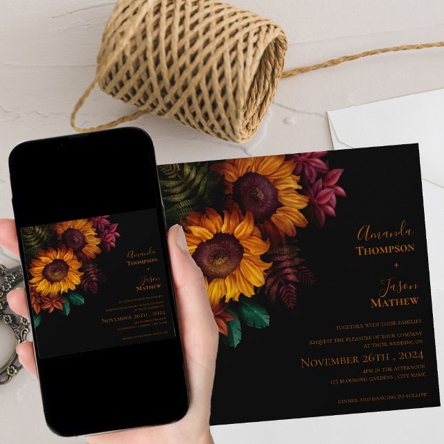 Lebhafte Schwarz Burnt Orange Floral Moderne Hochz Einladung (Vibrant Black Burnt Orange Floral Modern Wedding Invitation)