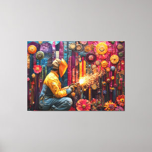 Lebhafte Schweißkunst - Welder in der floralen Ind Leinwanddruck
