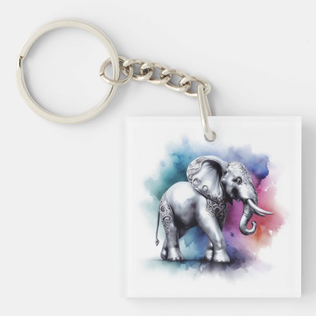 Lebhafte Silber Elephant Watercolor Schlüsselanhänger (Vorderseite)