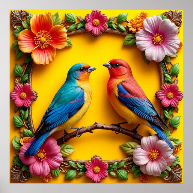 Lebhafte Singvögel umgeben von Blumenrahmen Poster (Vorne)