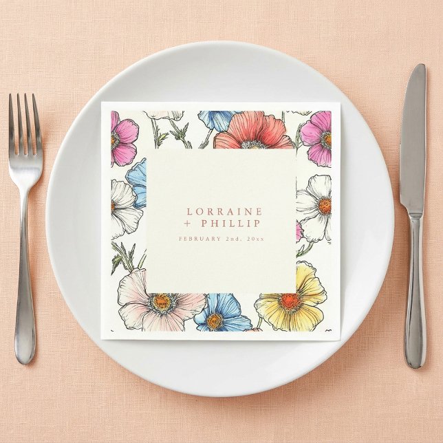 Lebhafte Sommerwilde Blume Hochzeitslippe Serviette (Vibrant summer wild flowers wedding napkin.)