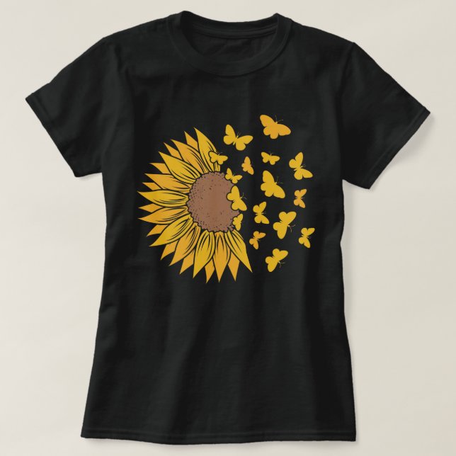 Lebhafte Sonnenblume mit Schmetterlingen T-Shirt (Design vorne)