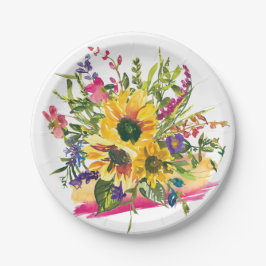 Lebhafte Sonnenblumen Wildblumen Wasserfarben Pappteller
